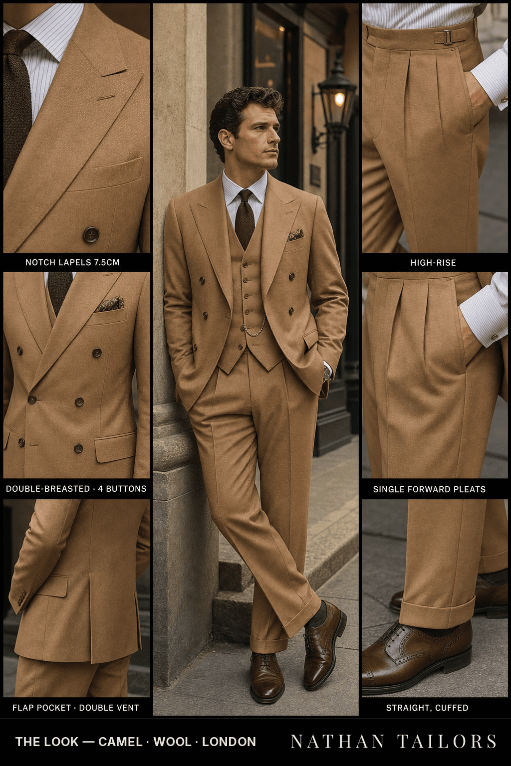 camel double-breasted notch-lapel bespoke suit — AI-rendered by Nathan Tailors, the Hoi An custom tailor. Available as a custom tailored suit from $149.