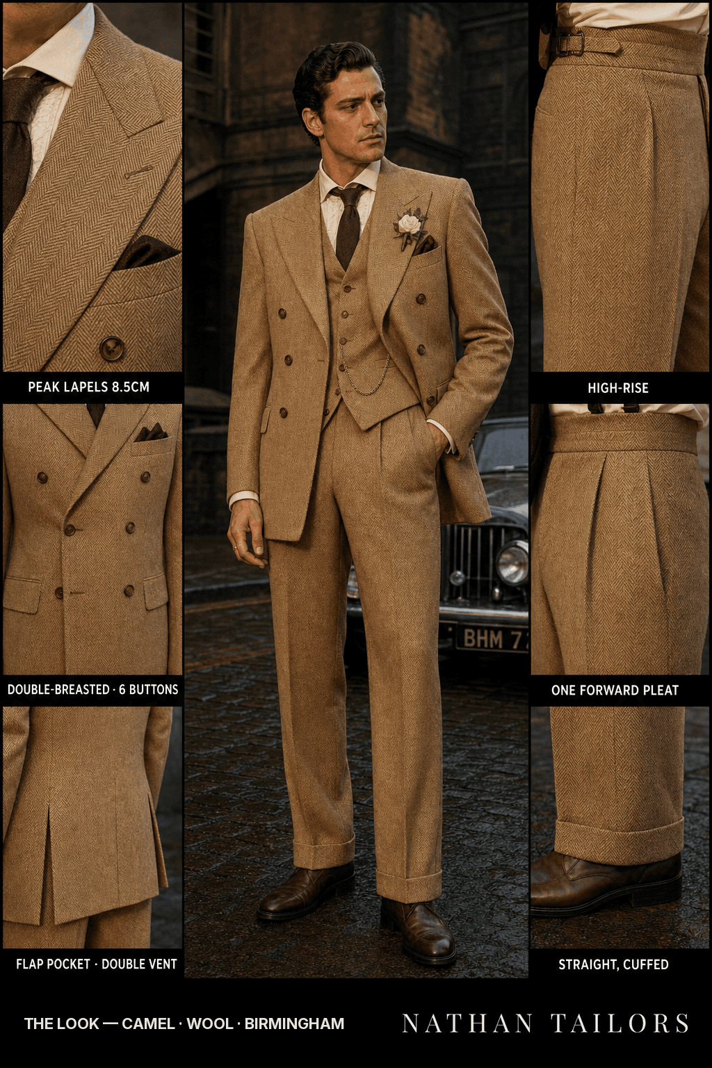 camel herringbone double-breasted bespoke suit — custom tailored by Nathan Tailors, the Hoi An custom tailor