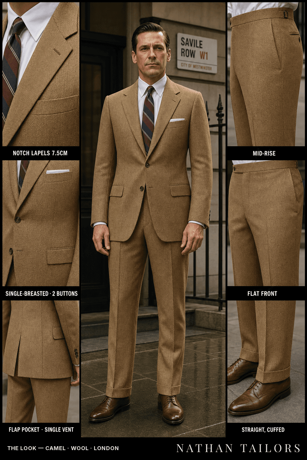 camel herringbone single-breasted bespoke suit — custom tailored by Nathan Tailors, the Hoi An custom tailor