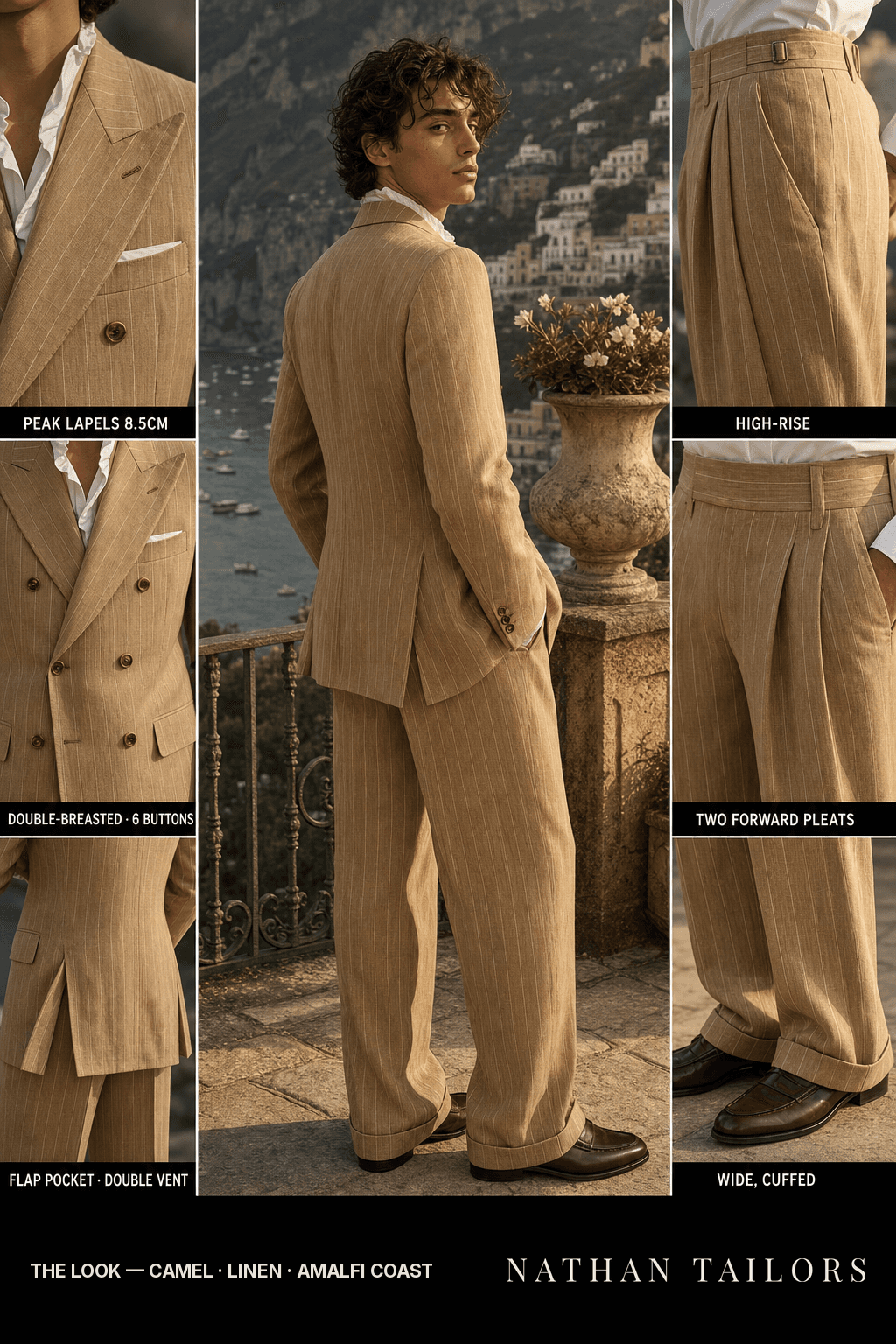 camel pinstripe double-breasted bespoke suit — custom tailored by Nathan Tailors, the Hoi An custom tailor