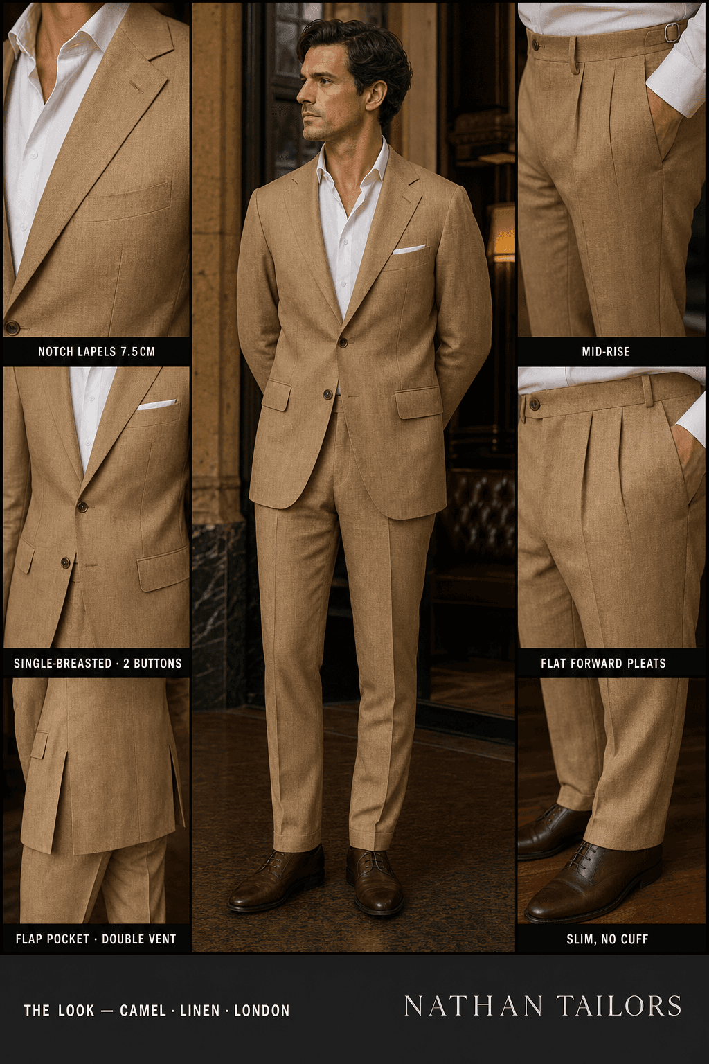 camel single-breasted bespoke suit — custom tailored by Nathan Tailors, the Hoi An custom tailor
