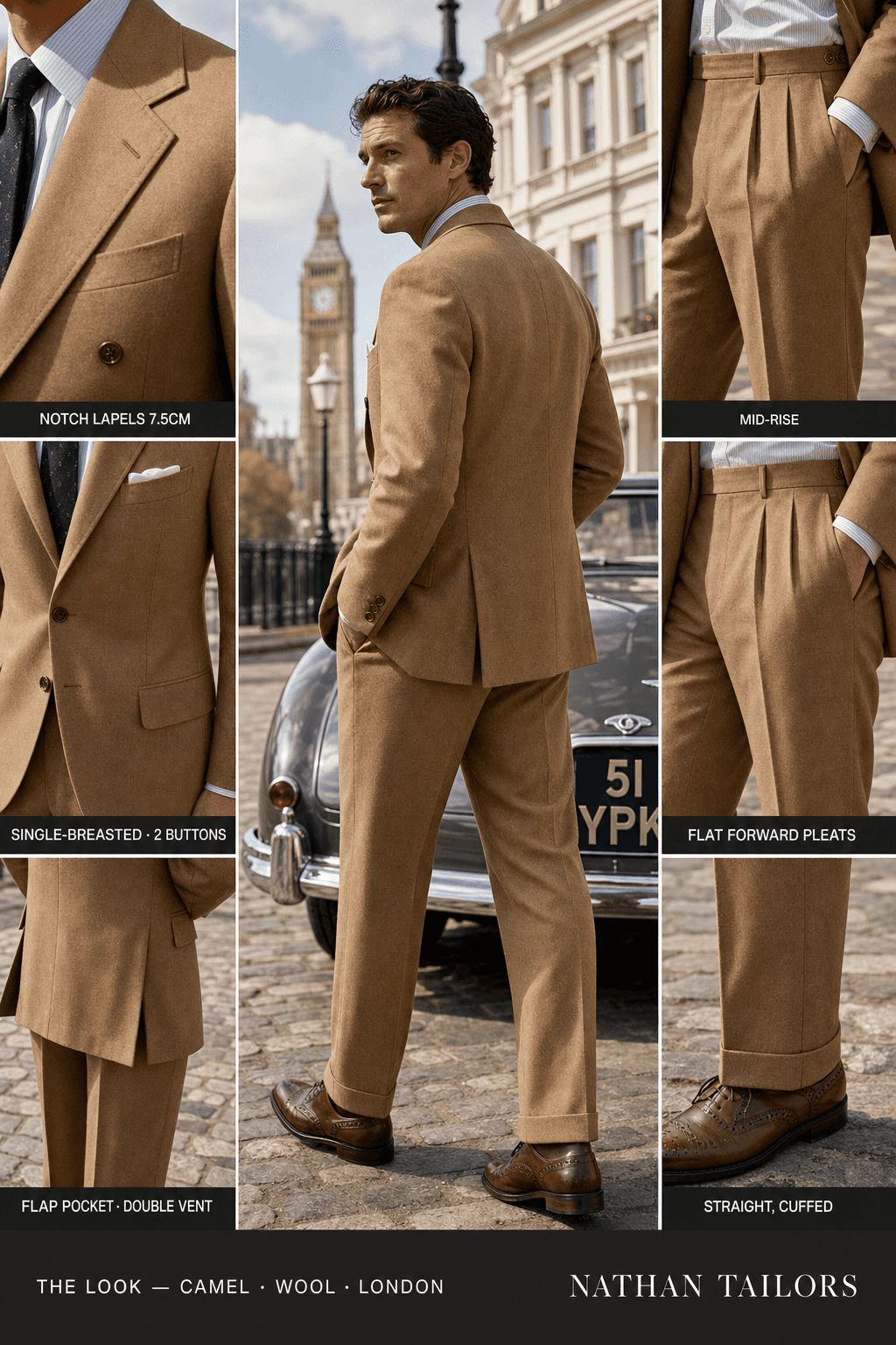 camel single-breasted notch-lapel bespoke suit — AI-rendered by Nathan Tailors, the Hoi An custom tailor. Available as a custom tailored suit from $149.