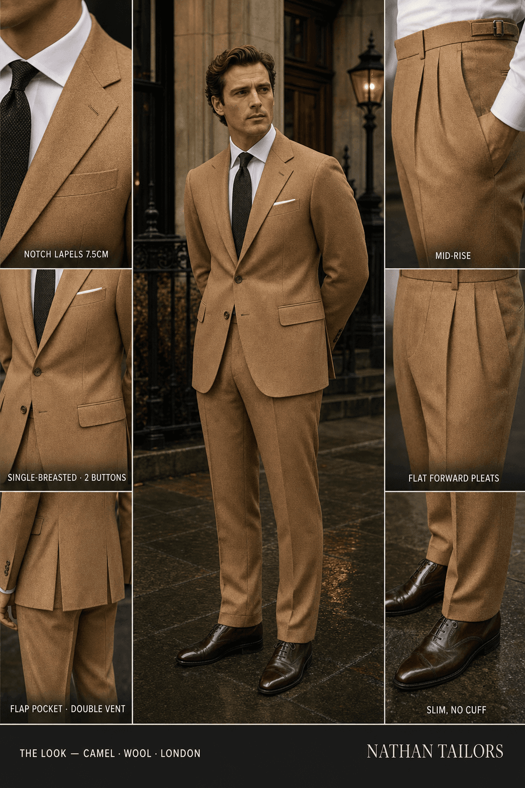 camel single-breasted notch-lapel bespoke suit — AI-rendered by Nathan Tailors, the Hoi An custom tailor. Available as a custom tailored suit from $149.