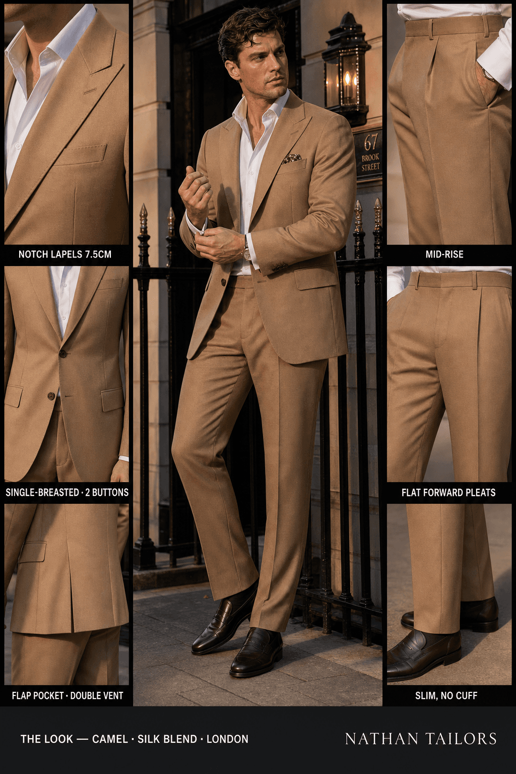 camel single-breasted notch-lapel bespoke suit — AI-rendered by Nathan Tailors, the Hoi An custom tailor. Available as a custom tailored suit from $149.