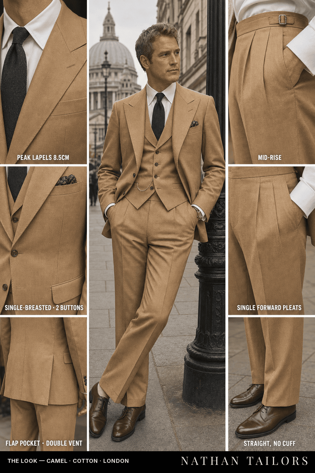 camel single-breasted bespoke suit — custom tailored by Nathan Tailors, the Hoi An custom tailor
