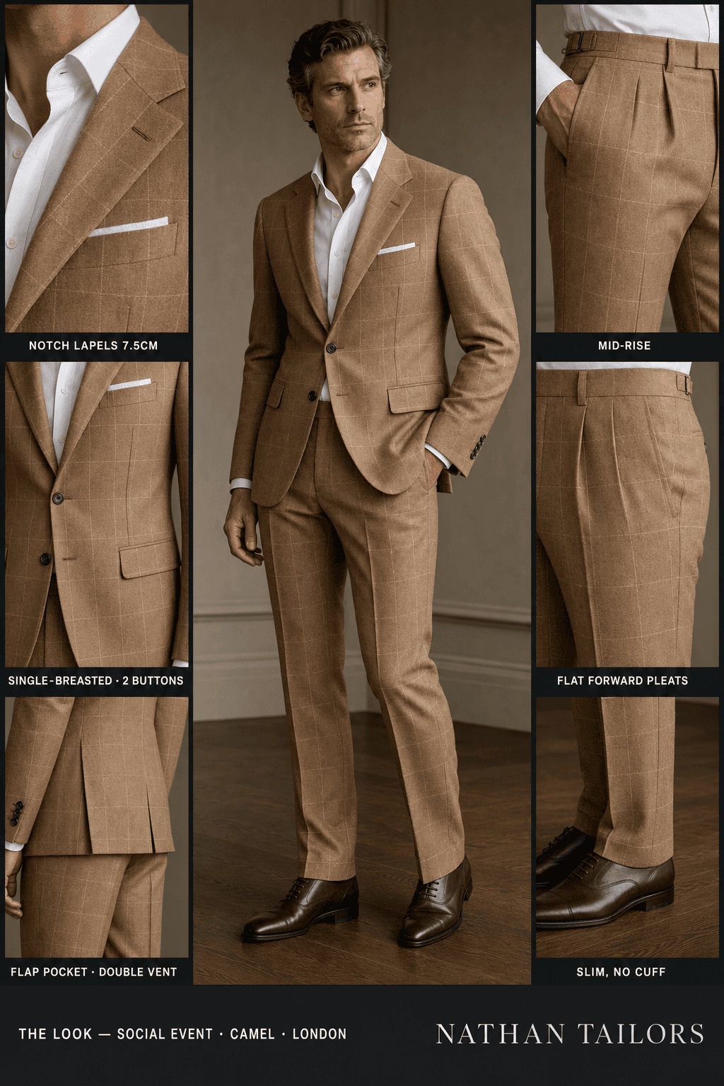 camel windowpane single-breasted bespoke suit — custom tailored by Nathan Tailors, the Hoi An custom tailor