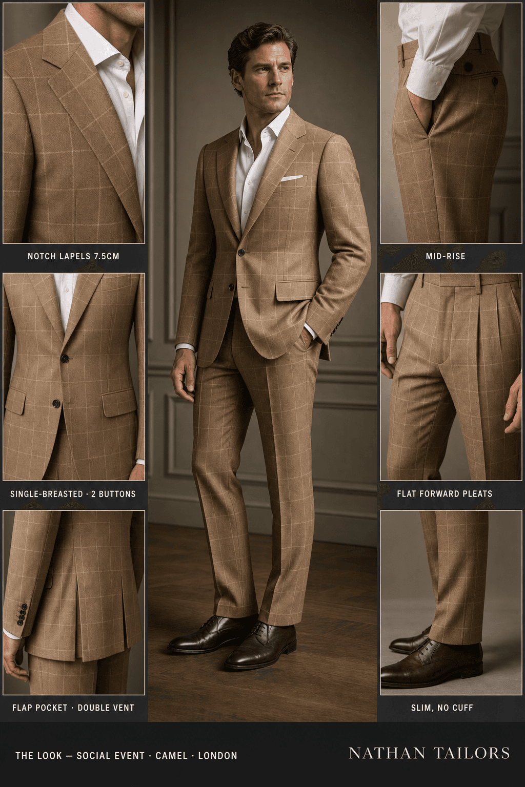 camel windowpane single-breasted notch-lapel bespoke suit — AI-rendered by Nathan Tailors, the Hoi An custom tailor. Available as a custom tailored suit from $129.