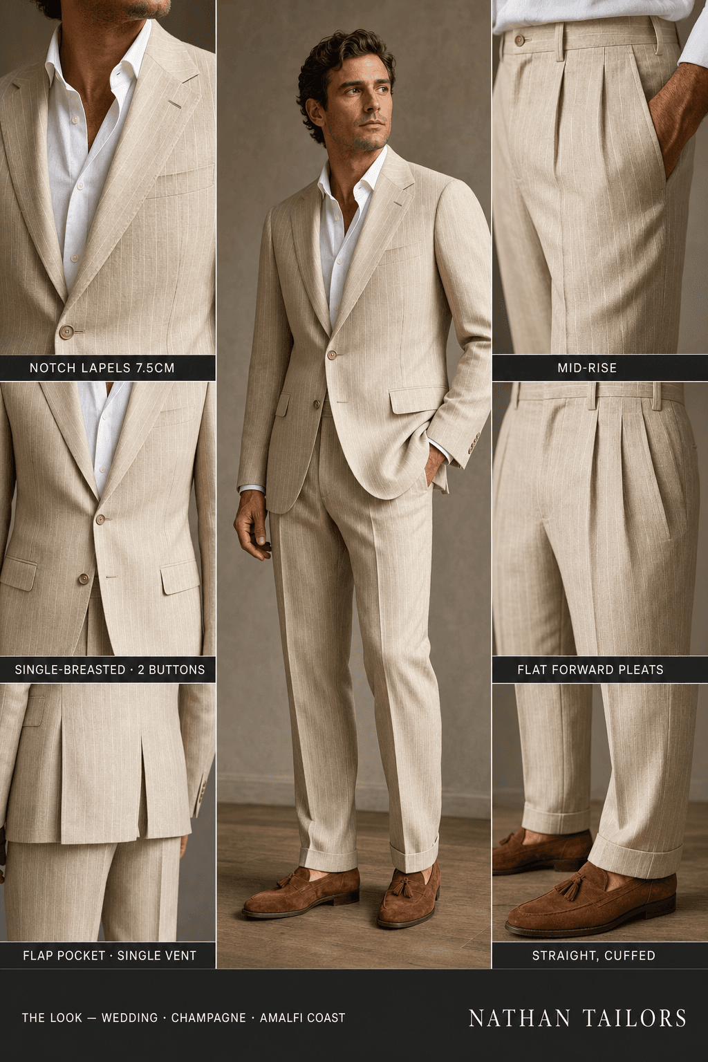 champagne chalk stripe single-breasted notch-lapel bespoke suit — AI-rendered by Nathan Tailors, the Hoi An custom tailor. Available as a custom tailored suit from $129.