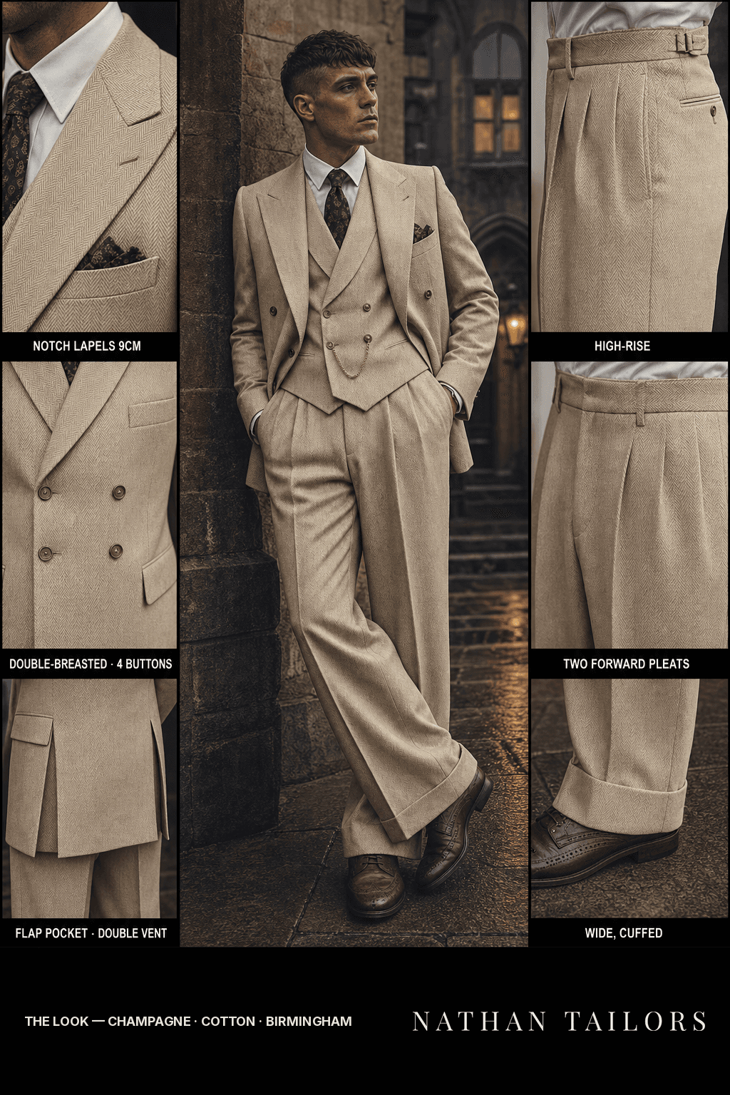 champagne herringbone double-breasted bespoke suit — custom tailored by Nathan Tailors, the Hoi An custom tailor