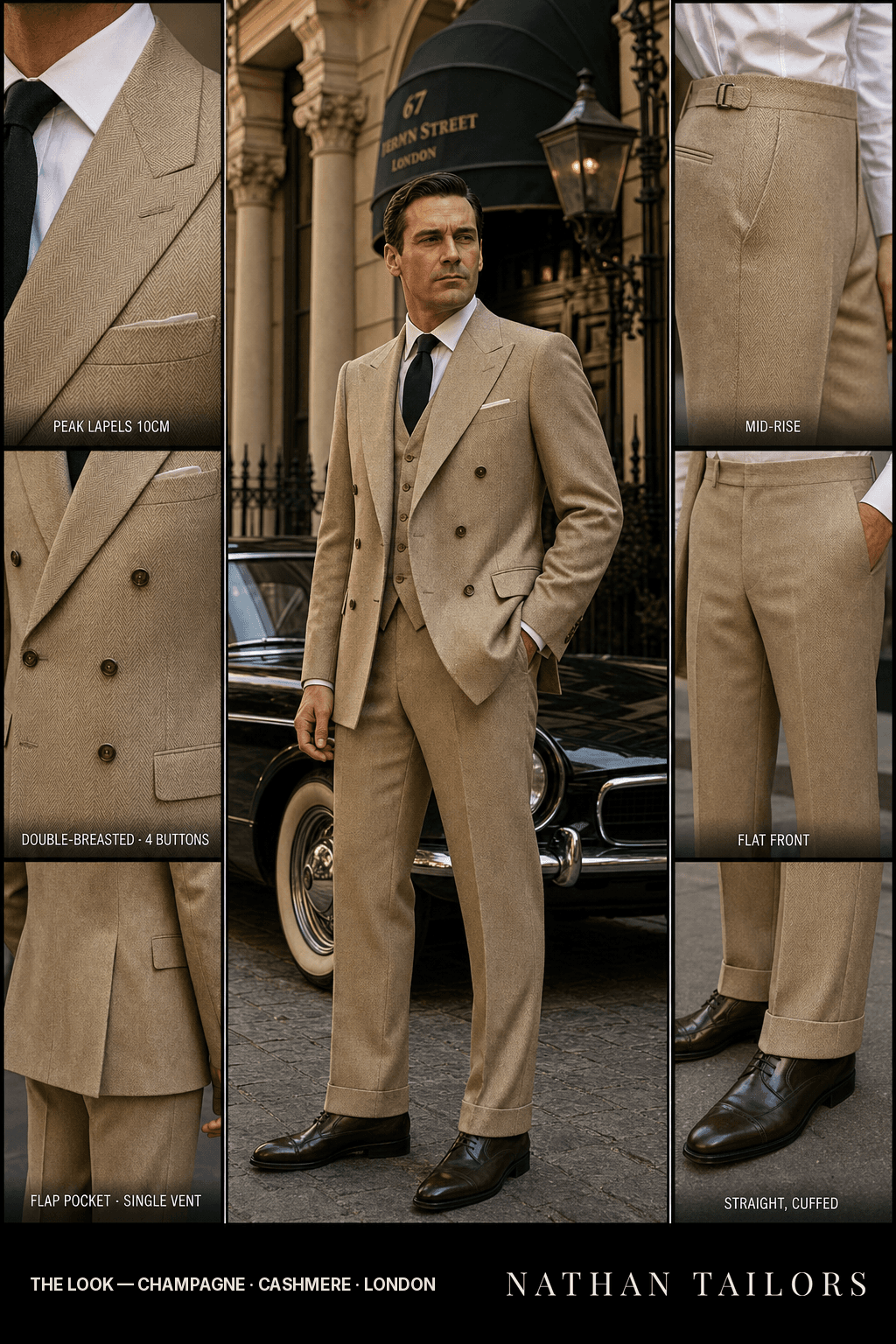 champagne herringbone double-breasted bespoke suit — custom tailored by Nathan Tailors, the Hoi An custom tailor