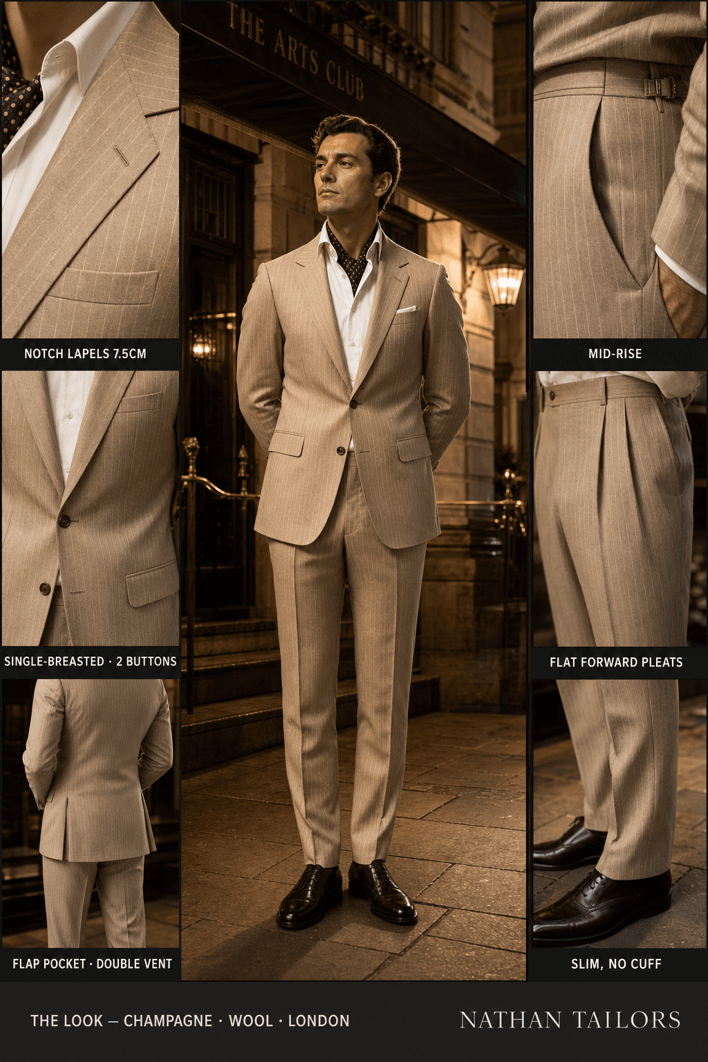 champagne pinstripe single-breasted bespoke suit — custom tailored by Nathan Tailors, the Hoi An custom tailor