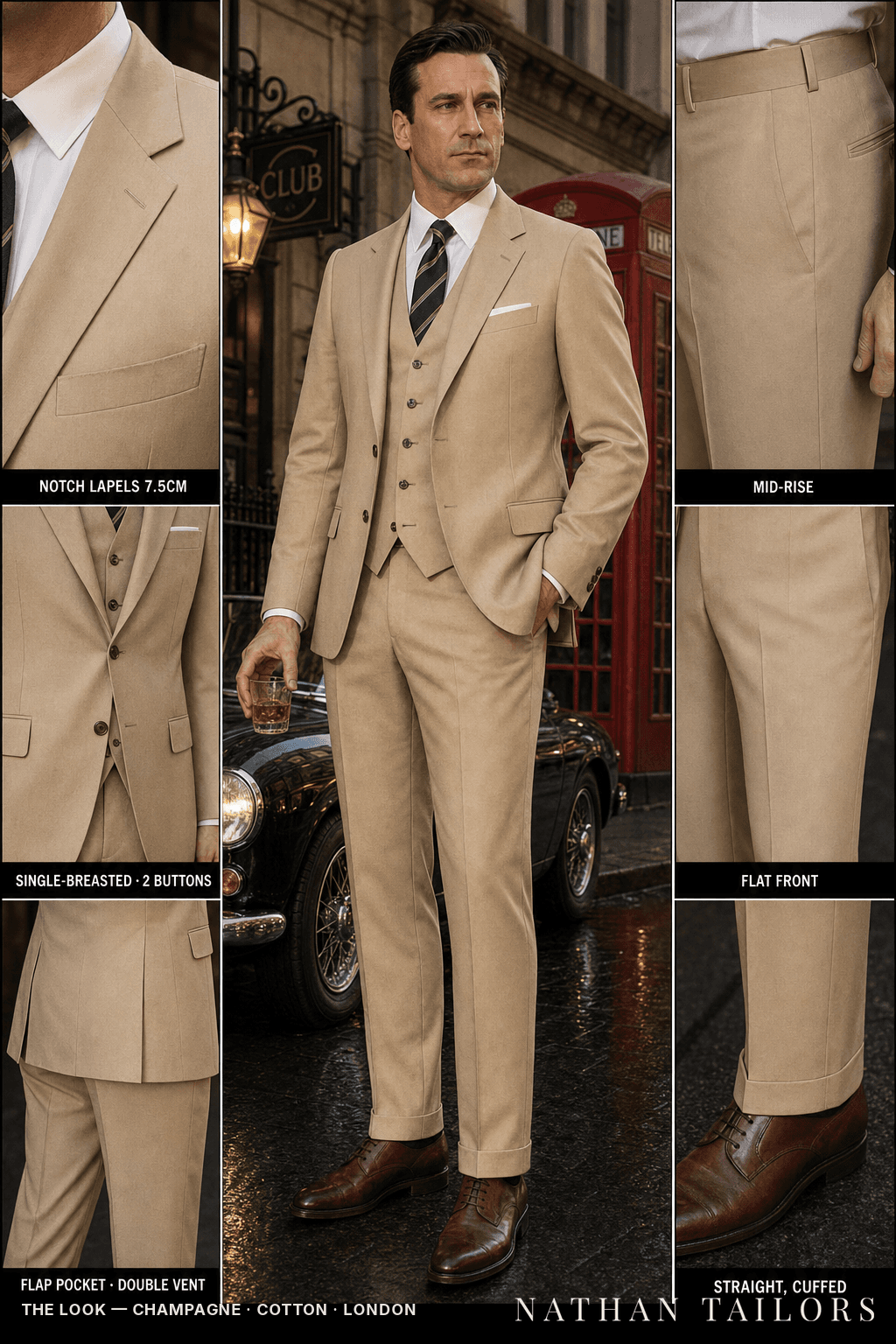 champagne single-breasted notch-lapel bespoke suit — AI-rendered by Nathan Tailors, the Hoi An custom tailor. Available as a custom tailored suit from $149.