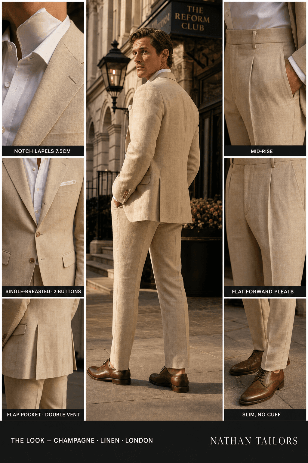 champagne single-breasted notch-lapel bespoke suit — AI-rendered by Nathan Tailors, the Hoi An custom tailor. Available as a custom tailored suit from $149.