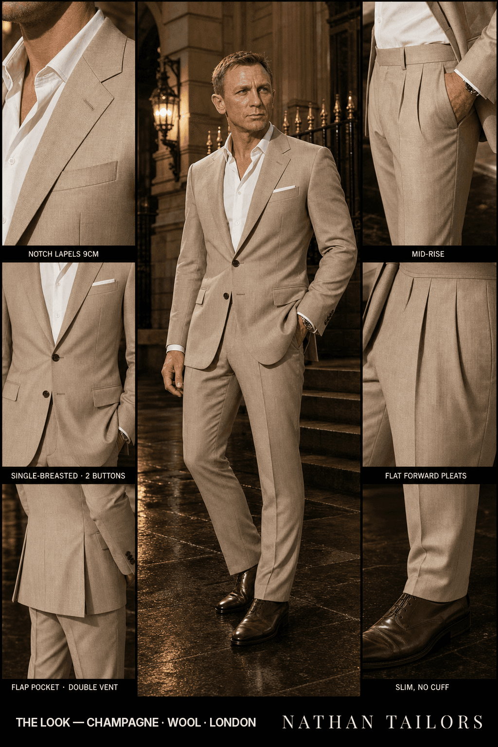 champagne single-breasted bespoke suit — custom tailored by Nathan Tailors, the Hoi An custom tailor