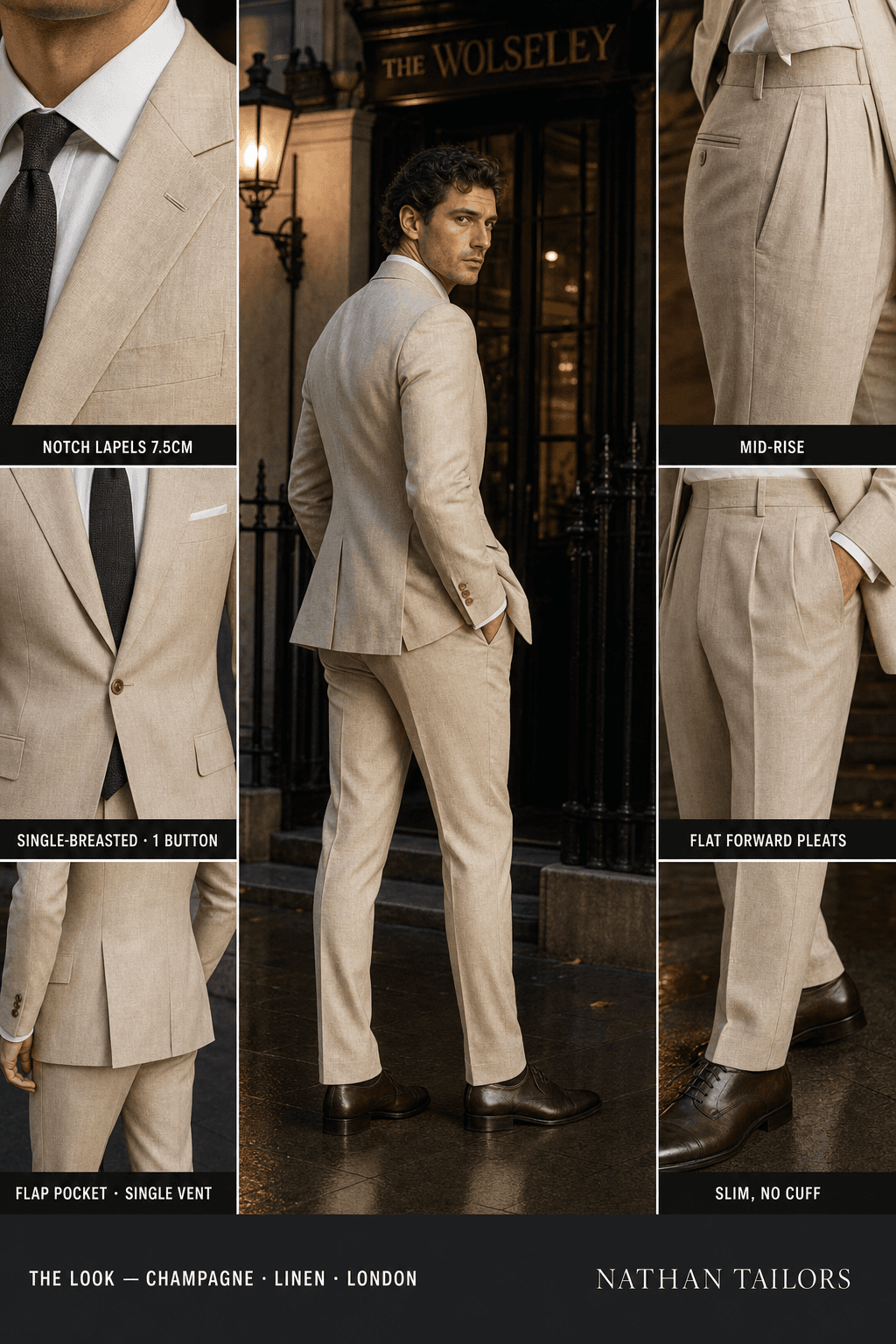 champagne single-breasted bespoke suit — custom tailored by Nathan Tailors, the Hoi An custom tailor