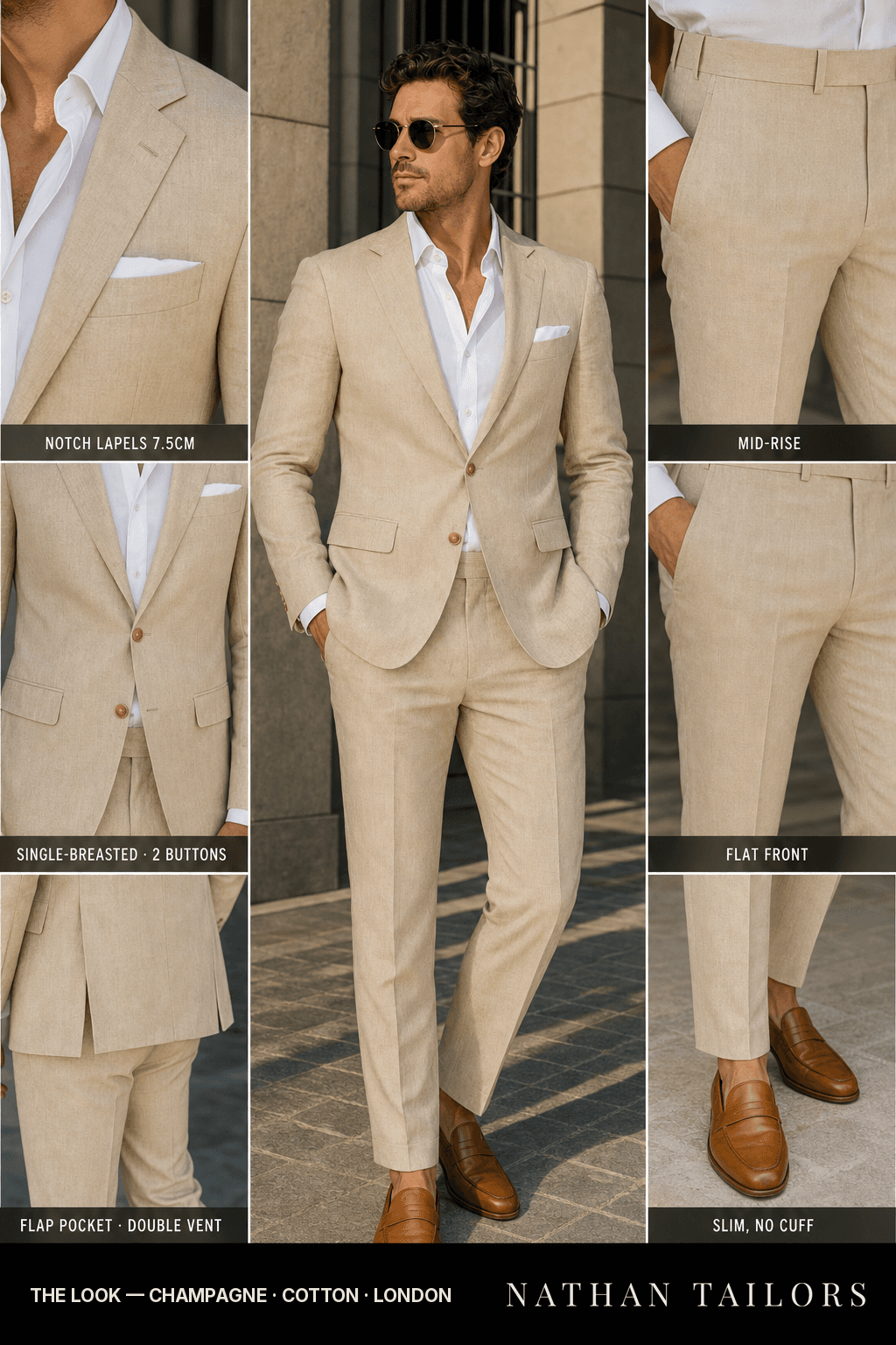 champagne single-breasted bespoke suit — custom tailored by Nathan Tailors, the Hoi An custom tailor