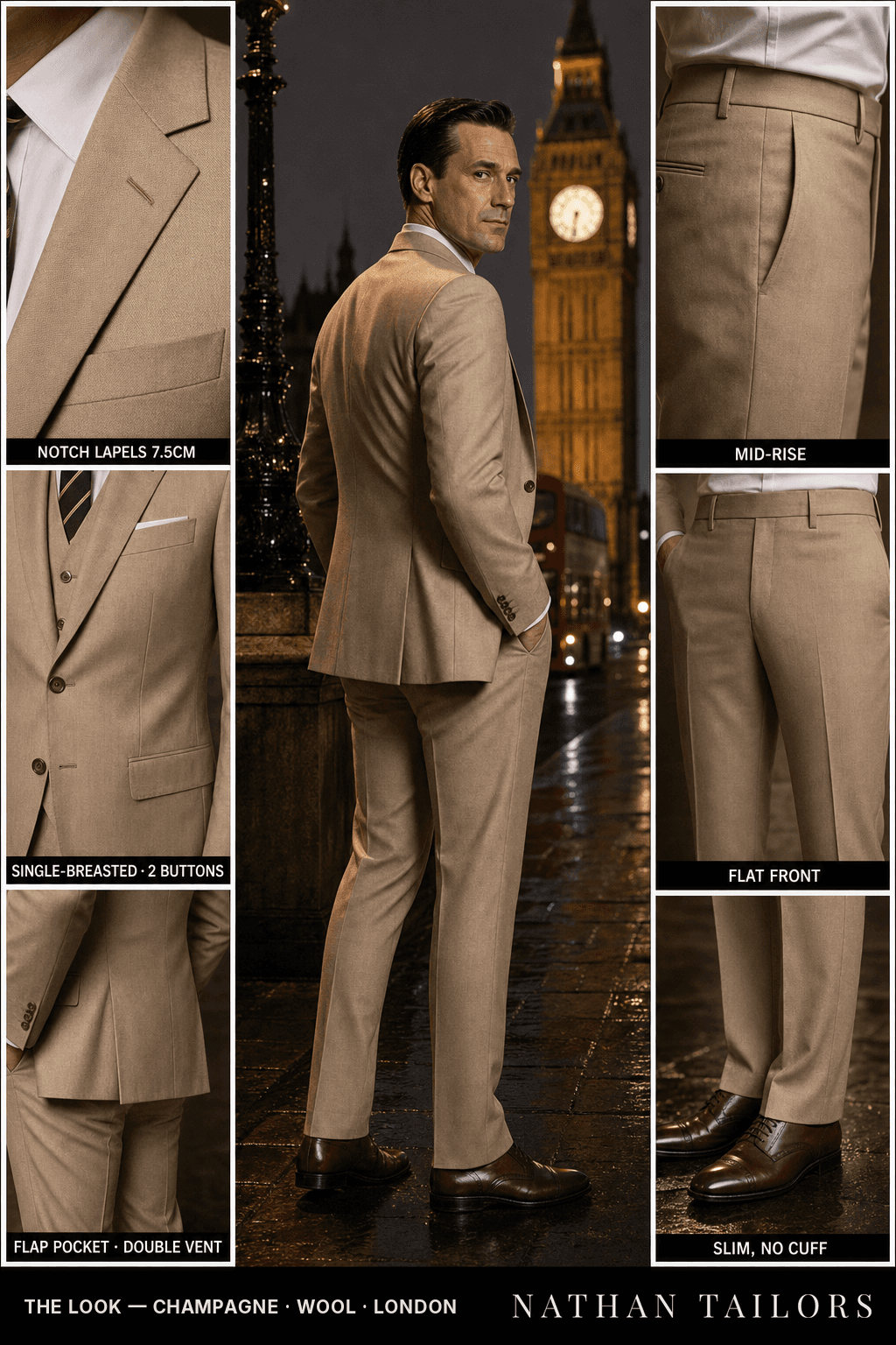 champagne single-breasted bespoke suit — custom tailored by Nathan Tailors, the Hoi An custom tailor