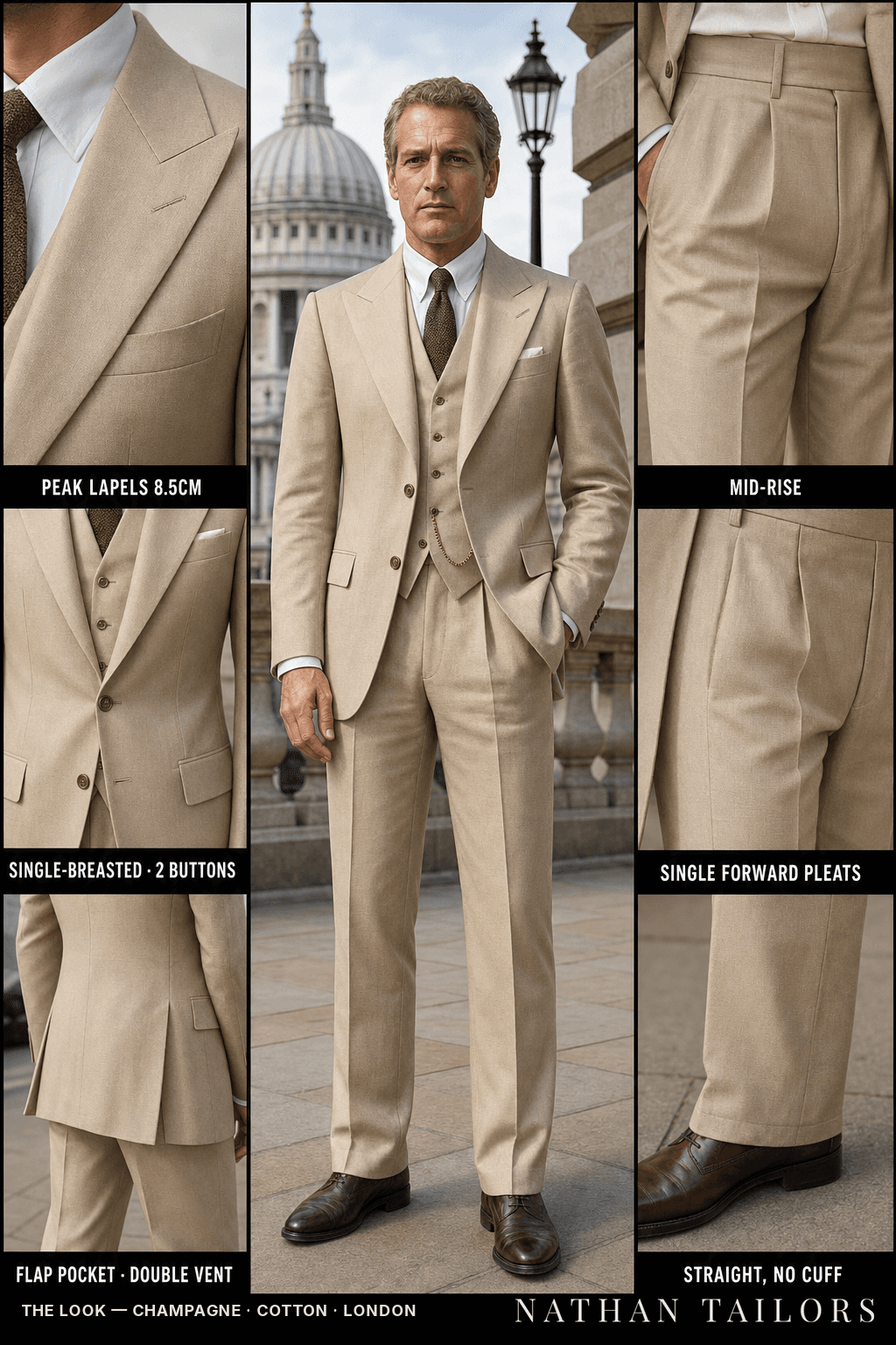 champagne single-breasted bespoke suit — custom tailored by Nathan Tailors, the Hoi An custom tailor