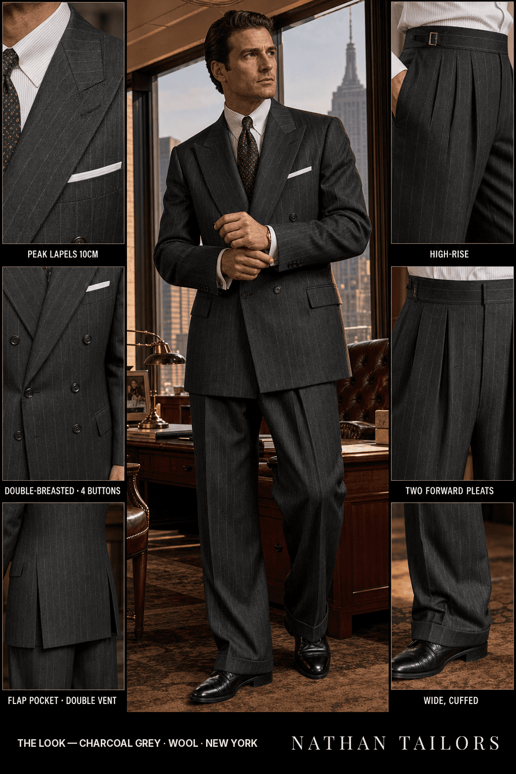 charcoal grey pinstripe double-breasted bespoke suit — custom tailored by Nathan Tailors, the Hoi An custom tailor