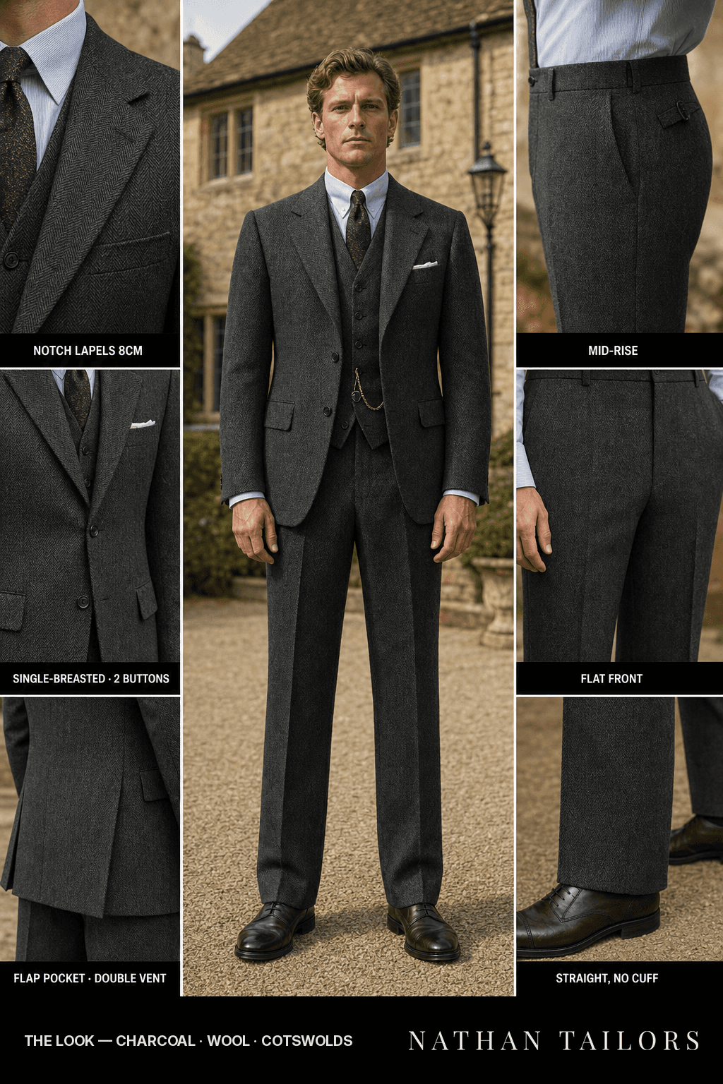 charcoal herringbone single-breasted bespoke suit — custom tailored by Nathan Tailors, the Hoi An custom tailor