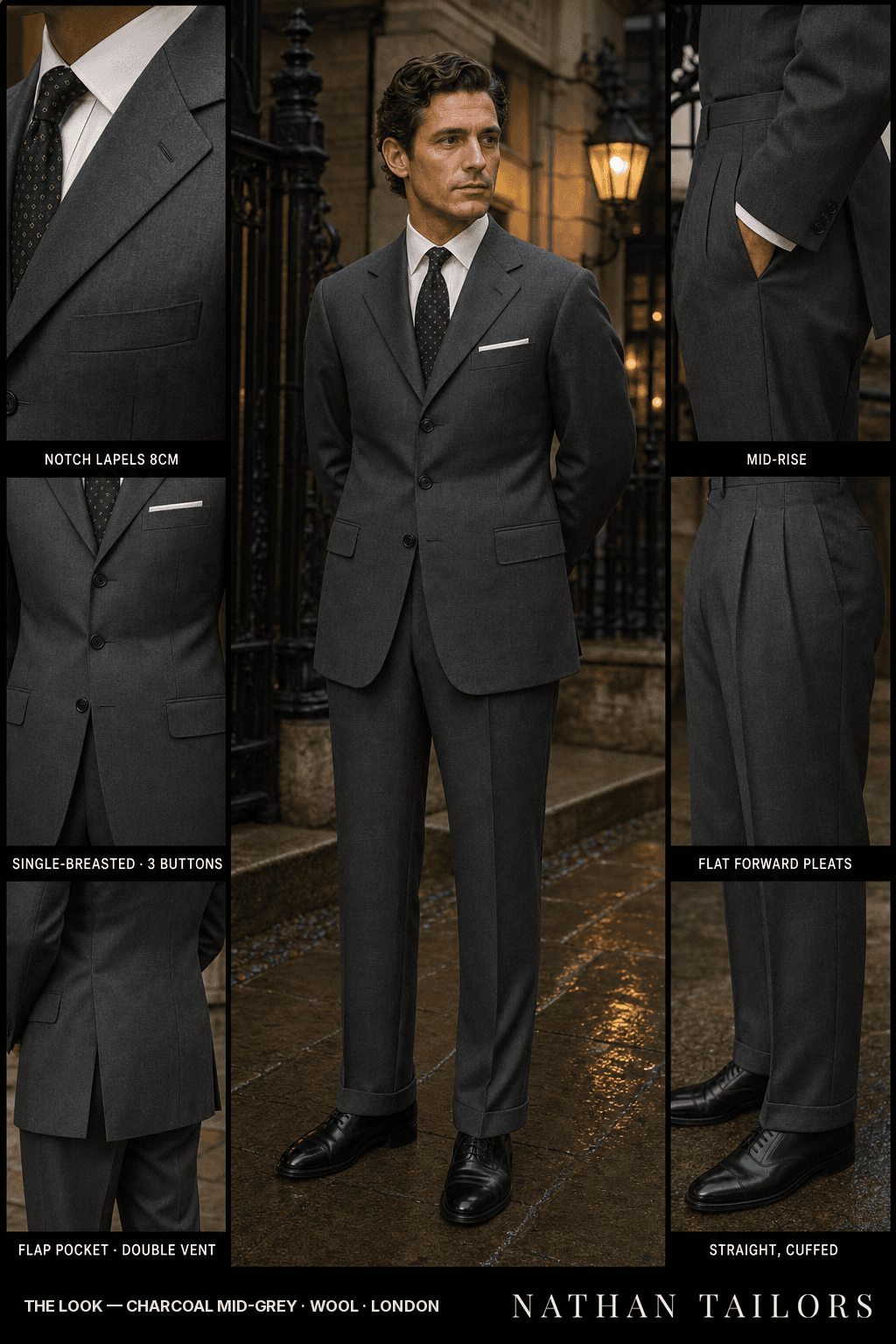 charcoal mid-grey single-breasted notch-lapel bespoke suit — AI-rendered by Nathan Tailors, the Hoi An custom tailor. Available as a custom tailored suit from $149.