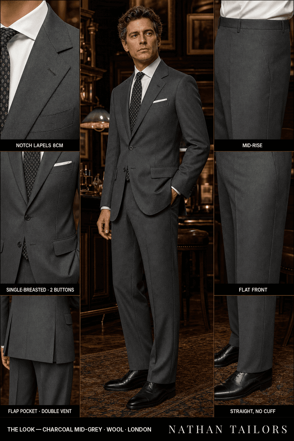 charcoal mid-grey single-breasted notch-lapel bespoke suit — AI-rendered by Nathan Tailors, the Hoi An custom tailor. Available as a custom tailored suit from $149.