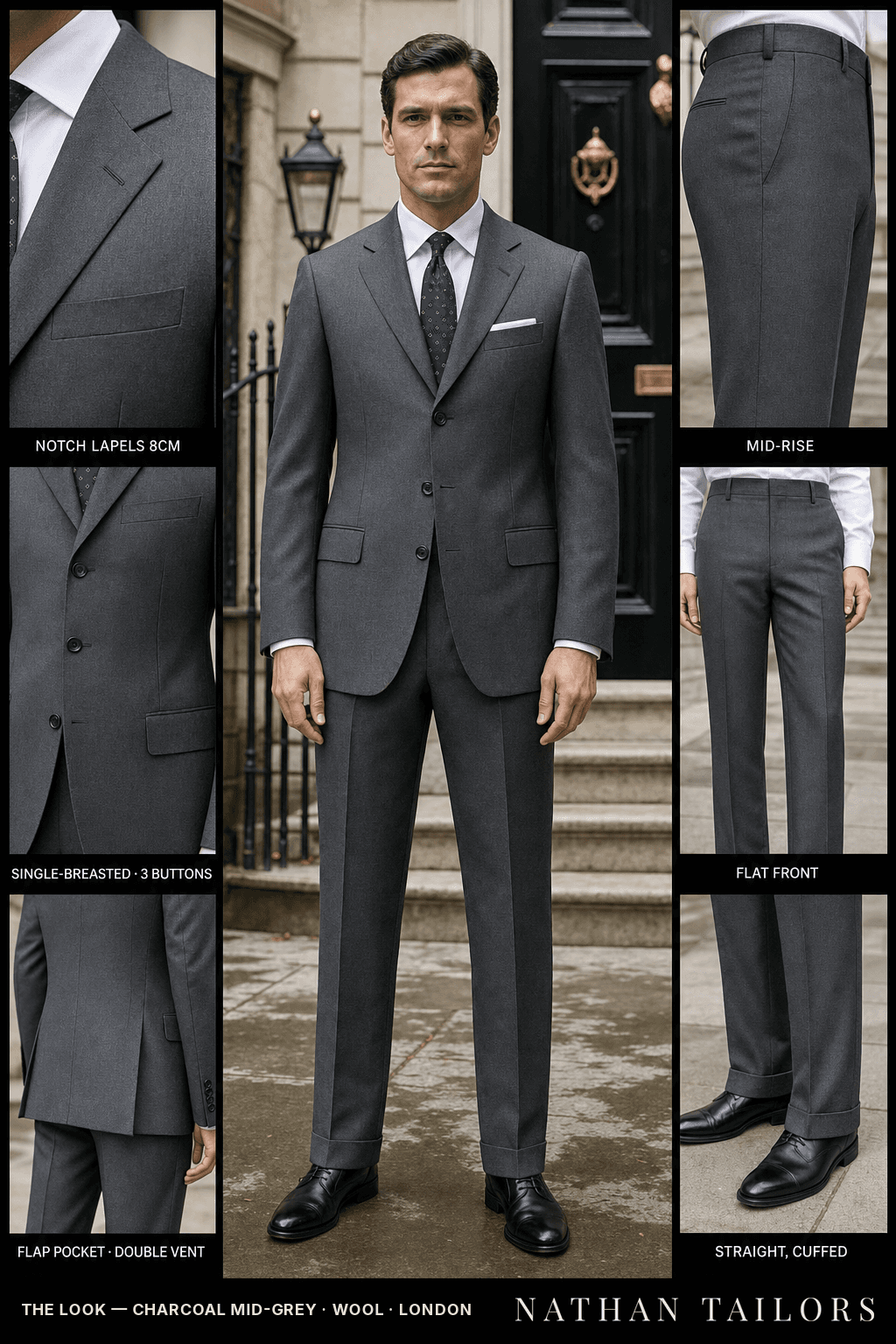 charcoal mid-grey single-breasted bespoke suit — custom tailored by Nathan Tailors, the Hoi An custom tailor