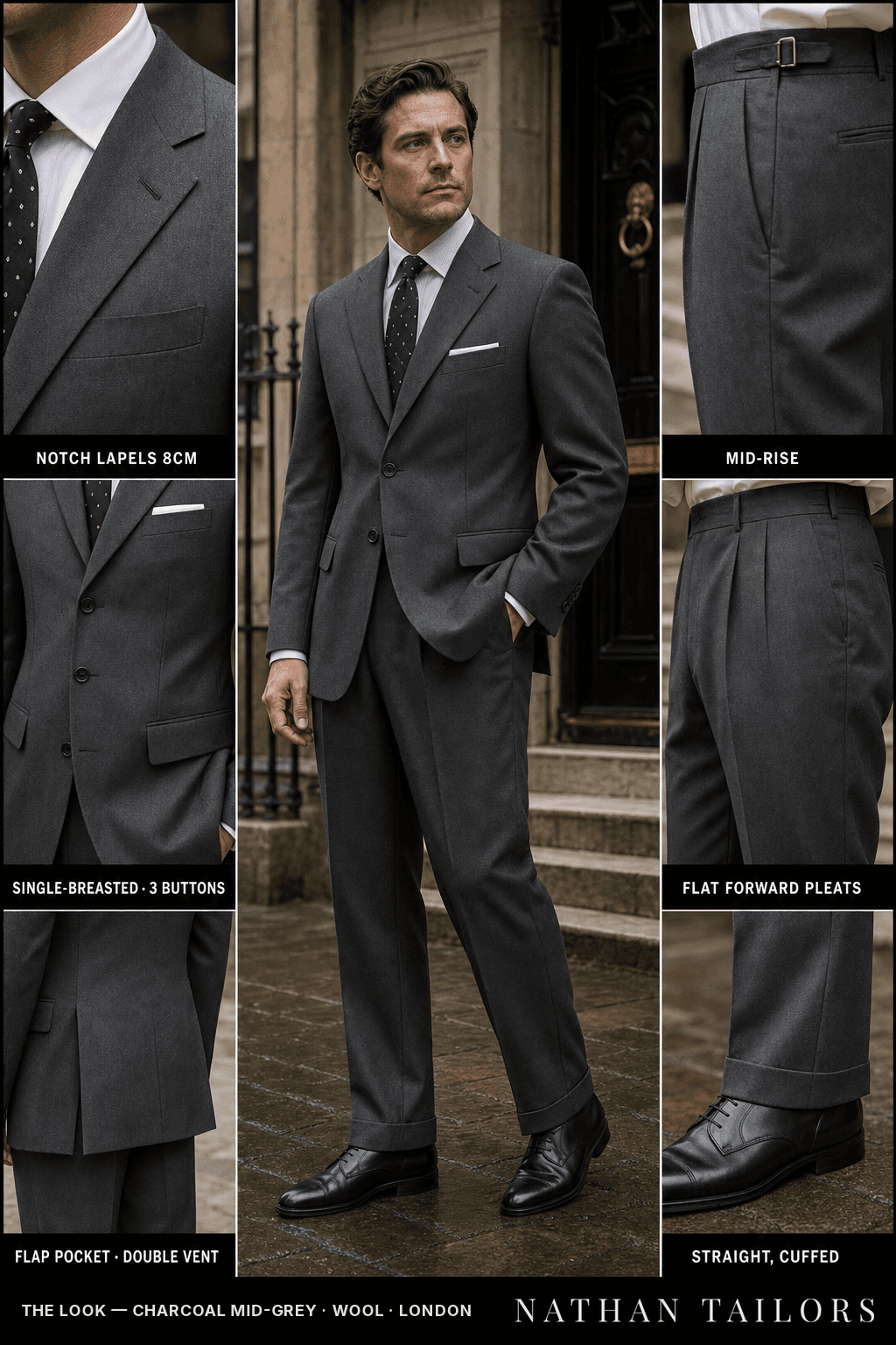 charcoal mid-grey single-breasted bespoke suit — custom tailored by Nathan Tailors, the Hoi An custom tailor