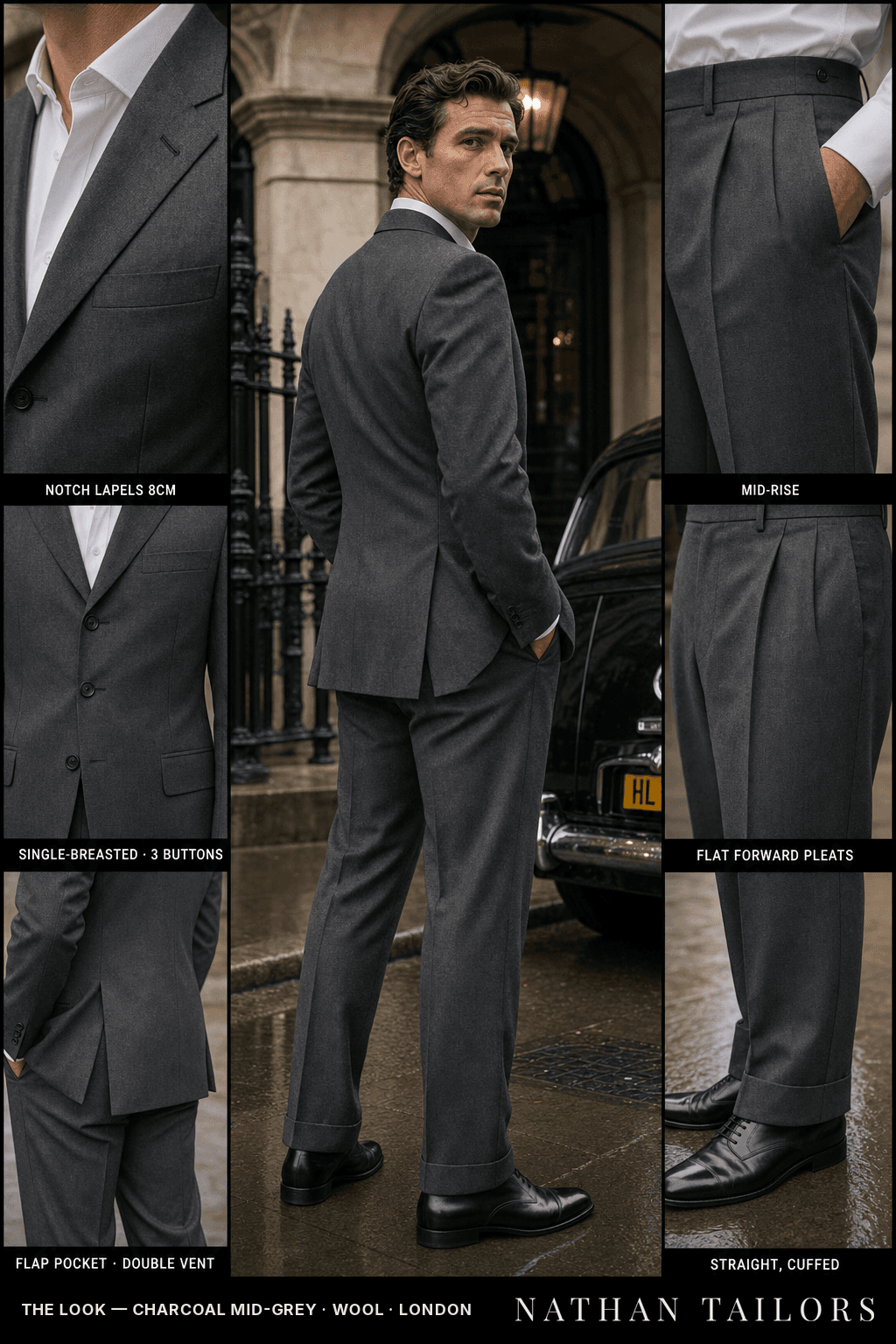 charcoal mid-grey single-breasted bespoke suit — custom tailored by Nathan Tailors, the Hoi An custom tailor