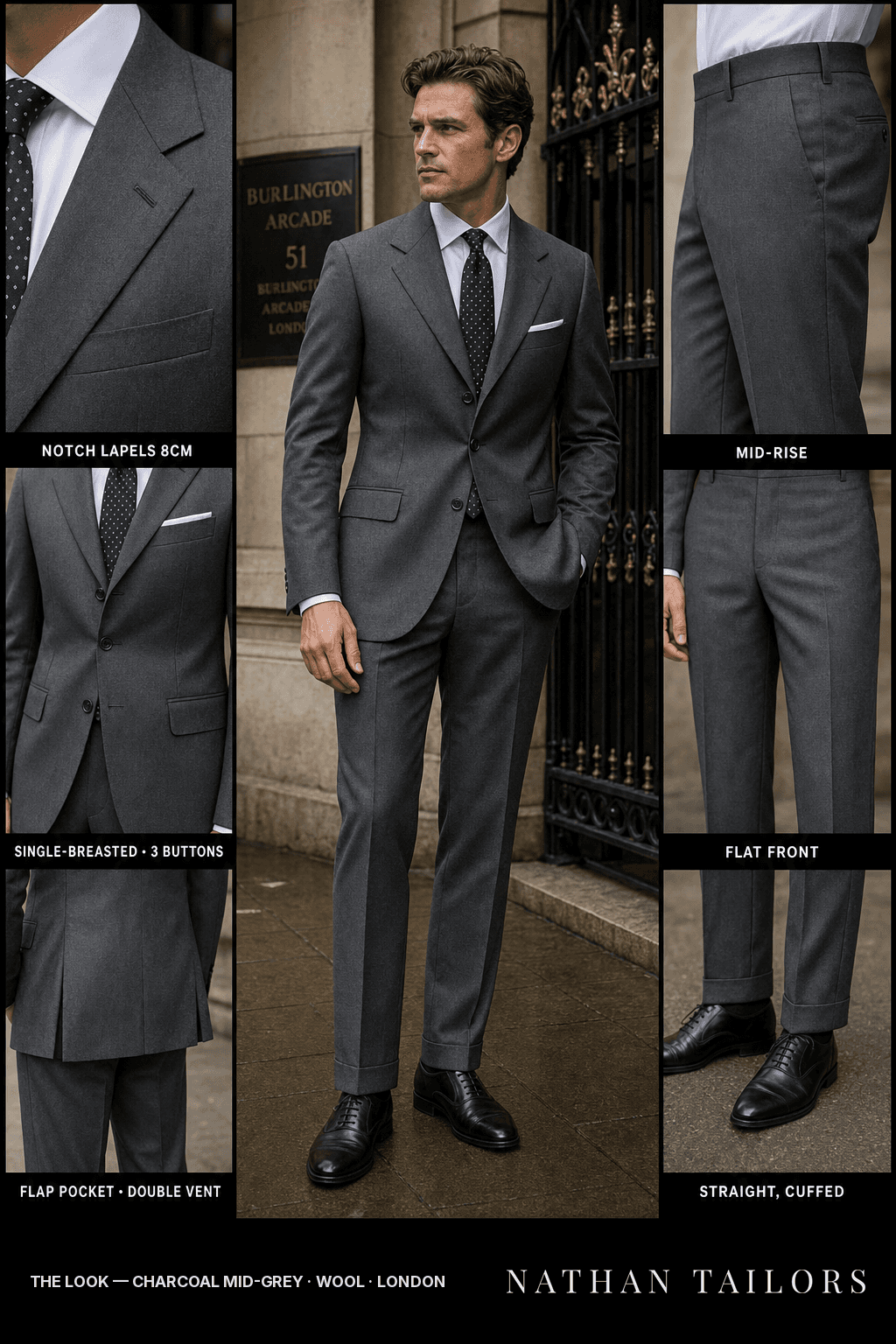 charcoal mid-grey single-breasted bespoke suit — custom tailored by Nathan Tailors, the Hoi An custom tailor