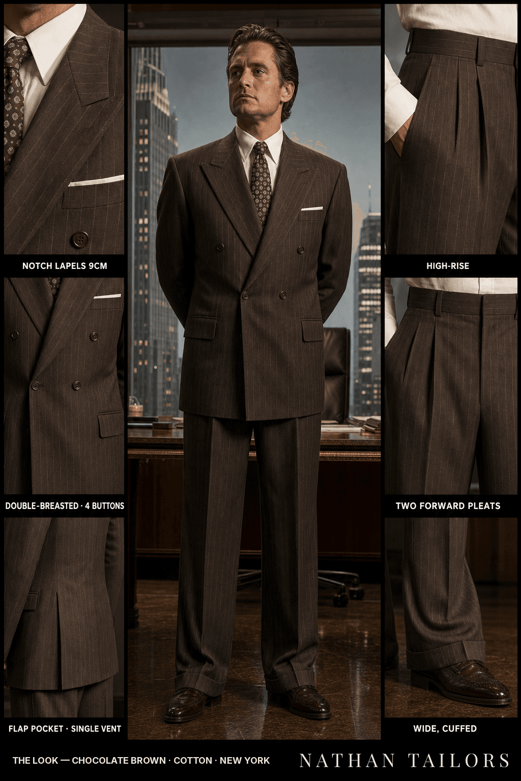 chocolate brown chalk stripe double-breasted notch-lapel bespoke suit — AI-rendered by Nathan Tailors, the Hoi An custom tailor. Available as a custom tailored suit from $149.