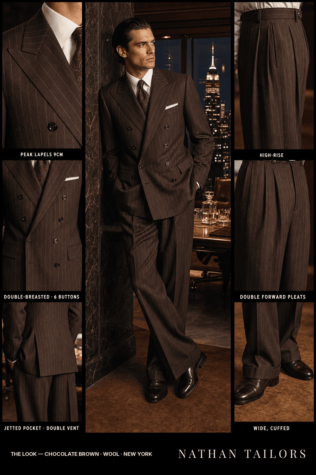 chocolate brown chalk_stripe double-breasted bespoke suit — custom tailored by Nathan Tailors, the Hoi An custom tailor