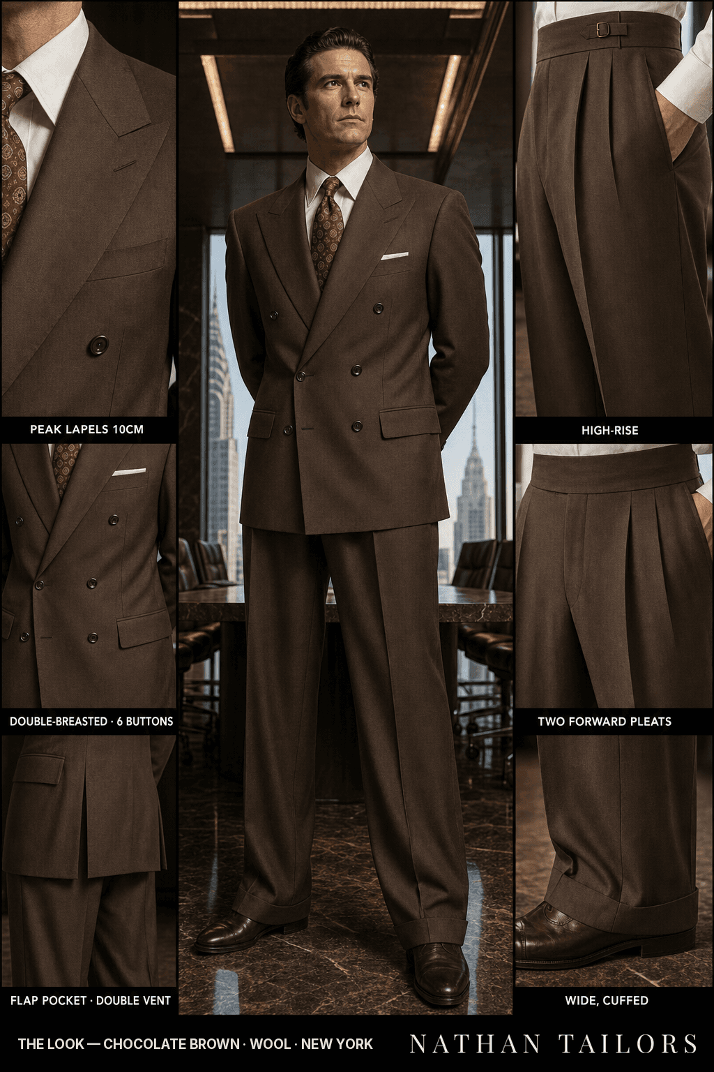 chocolate brown double-breasted peak-lapel bespoke suit — AI-rendered by Nathan Tailors, the Hoi An custom tailor. Available as a custom tailored suit from $149.