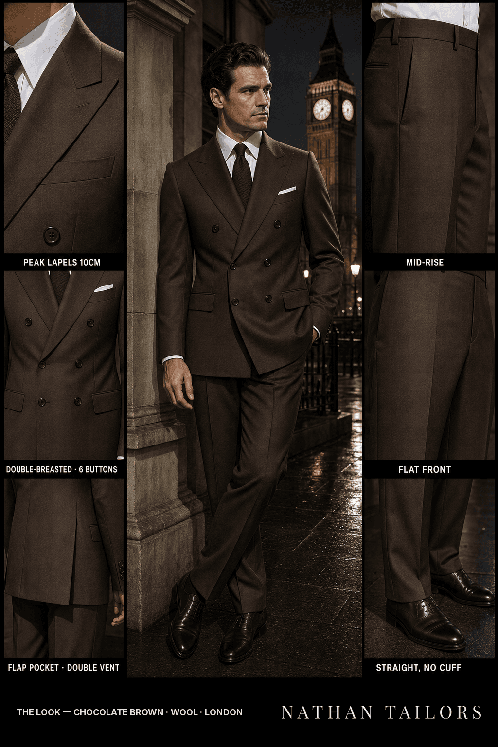 chocolate brown double-breasted bespoke suit — custom tailored by Nathan Tailors, the Hoi An custom tailor