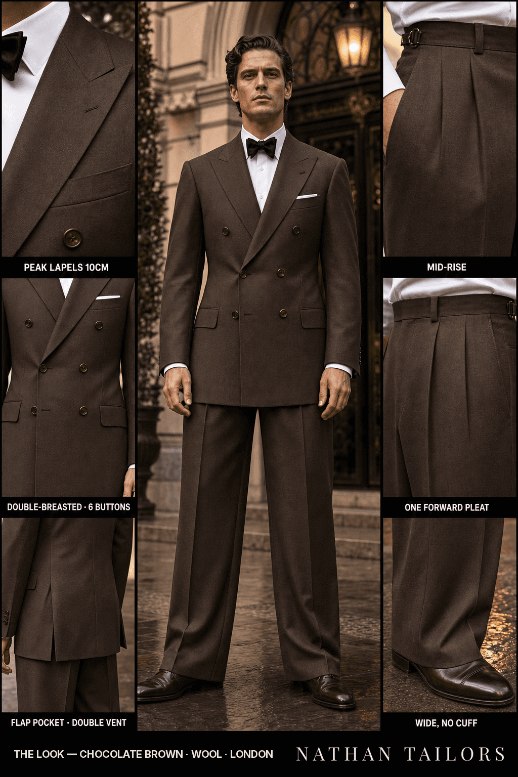 chocolate brown double-breasted bespoke suit — custom tailored by Nathan Tailors, the Hoi An custom tailor