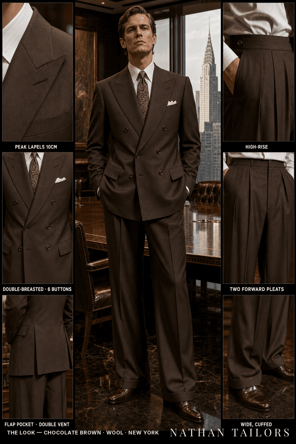 chocolate brown double-breasted peak-lapel bespoke suit — AI-rendered by Nathan Tailors, the Hoi An custom tailor. Available as a custom tailored suit from $149.