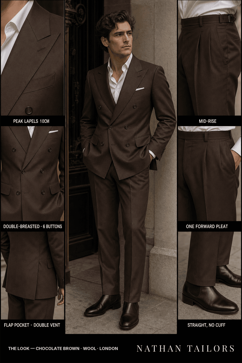 chocolate brown double-breasted bespoke suit — custom tailored by Nathan Tailors, the Hoi An custom tailor