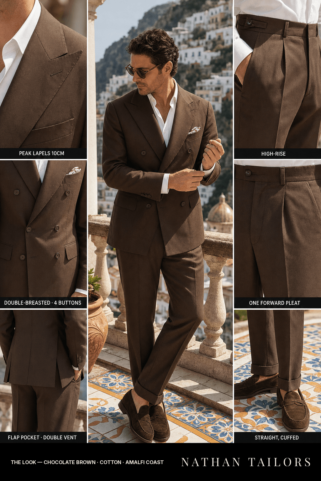 chocolate brown double-breasted peak-lapel bespoke suit — AI-rendered by Nathan Tailors, the Hoi An custom tailor. Available as a custom tailored suit from $149.