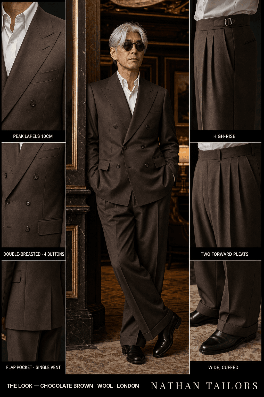 chocolate brown double-breasted bespoke suit — custom tailored by Nathan Tailors, the Hoi An custom tailor