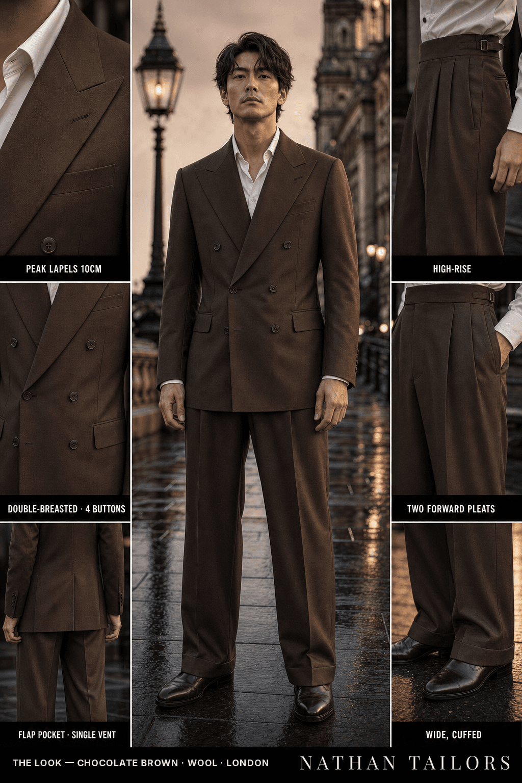 chocolate brown double-breasted bespoke suit — custom tailored by Nathan Tailors, the Hoi An custom tailor