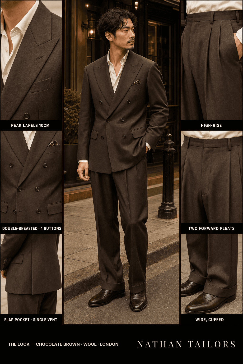 chocolate brown double-breasted bespoke suit — custom tailored by Nathan Tailors, the Hoi An custom tailor