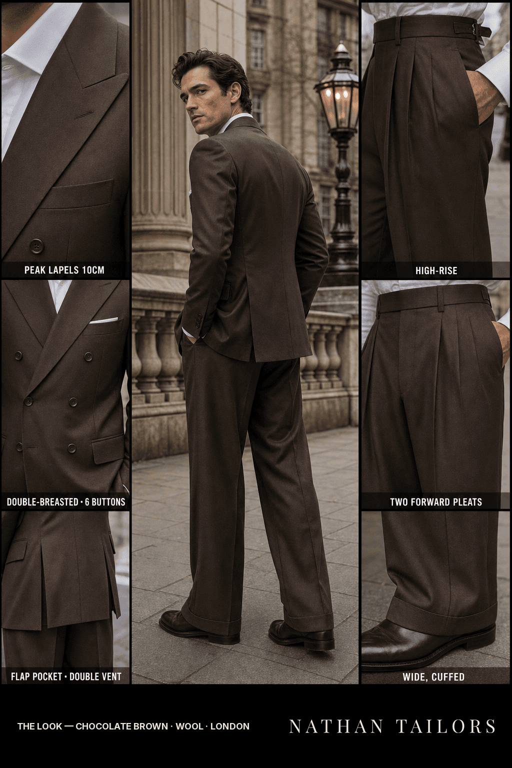 chocolate brown double-breasted bespoke suit — custom tailored by Nathan Tailors, the Hoi An custom tailor
