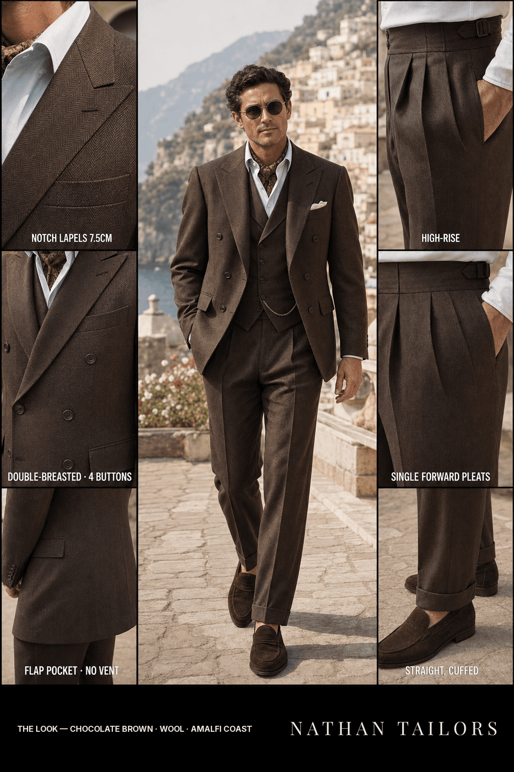chocolate brown herringbone double-breasted bespoke suit — custom tailored by Nathan Tailors, the Hoi An custom tailor