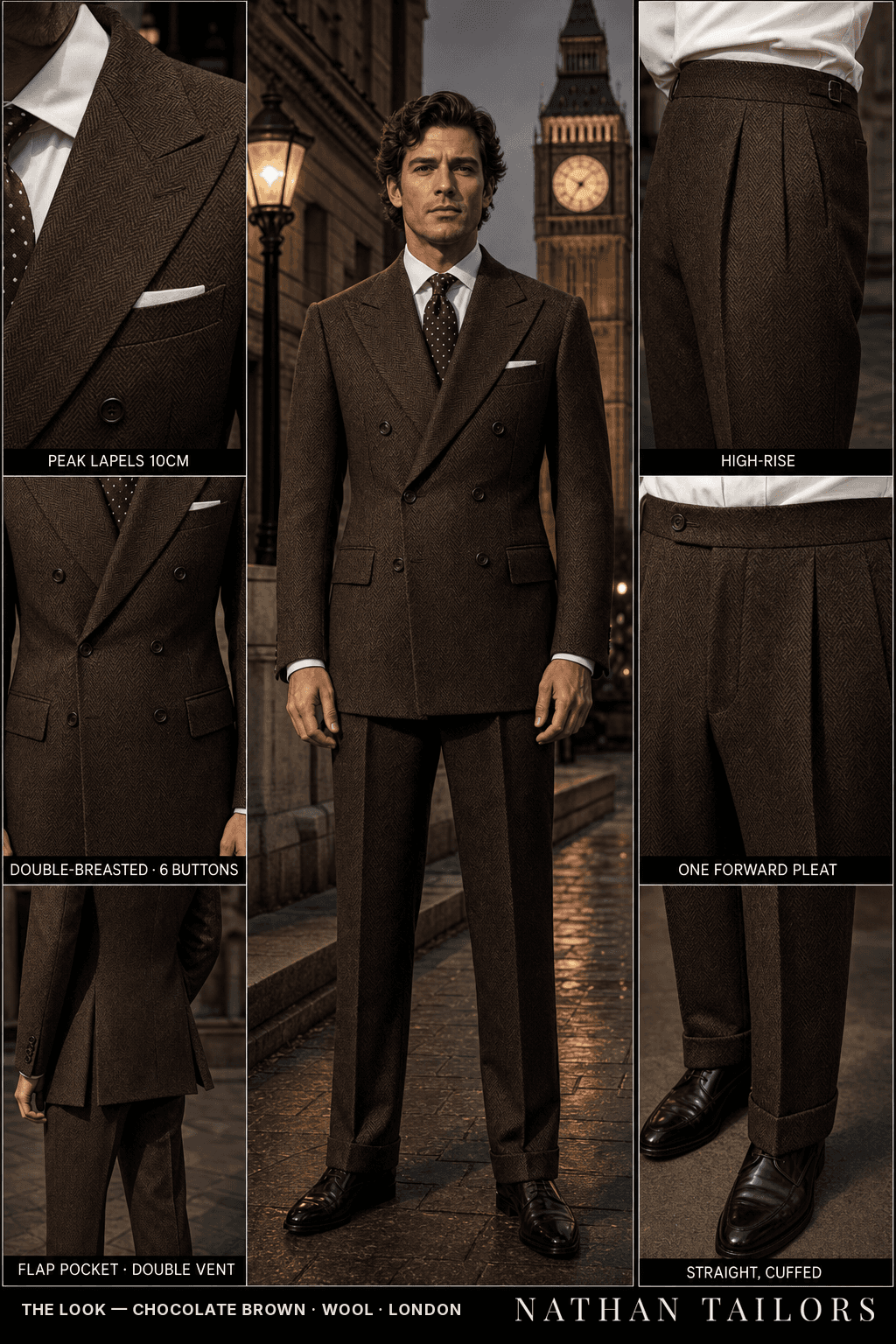 chocolate brown herringbone double-breasted bespoke suit — custom tailored by Nathan Tailors, the Hoi An custom tailor