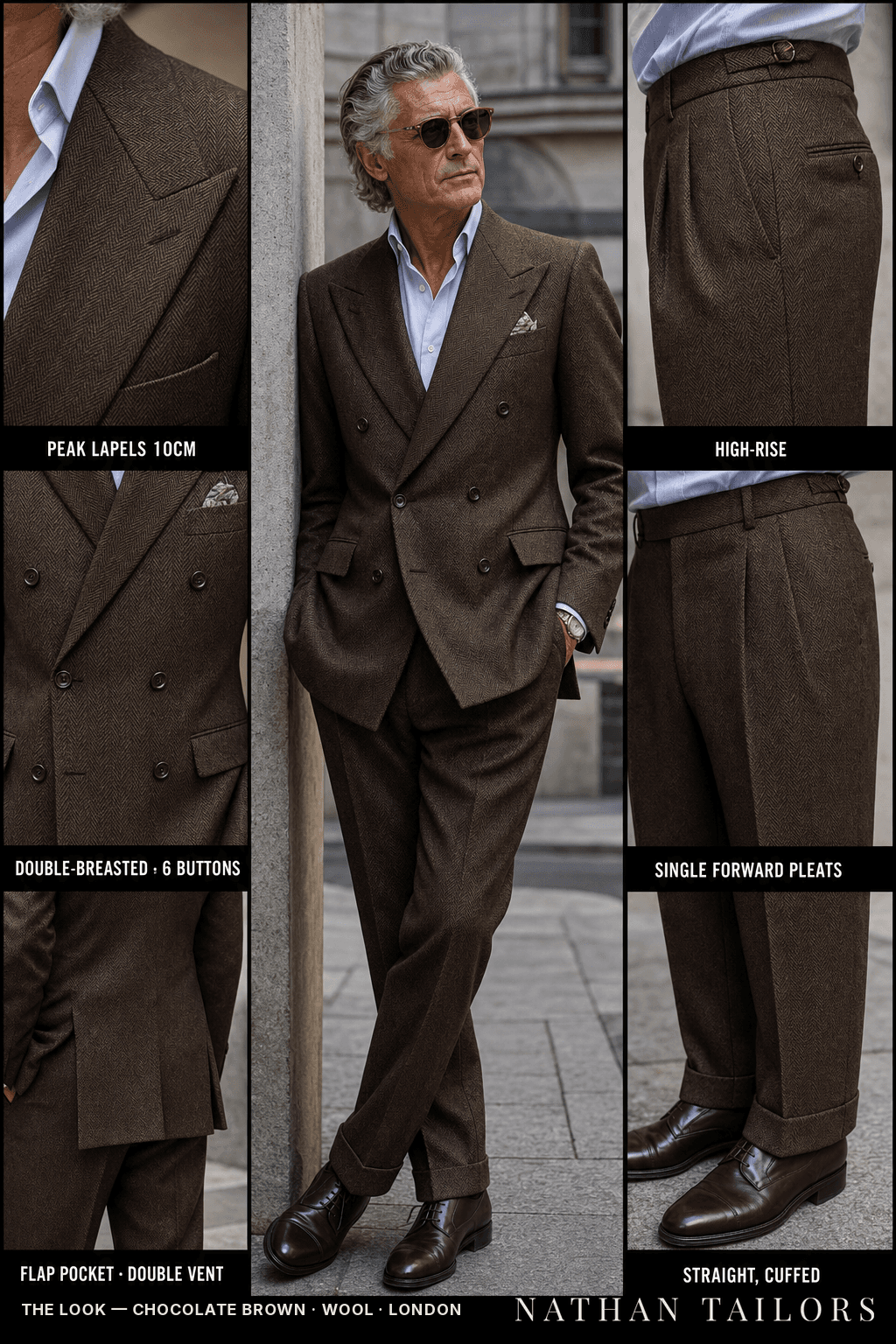 chocolate brown herringbone double-breasted bespoke suit — custom tailored by Nathan Tailors, the Hoi An custom tailor