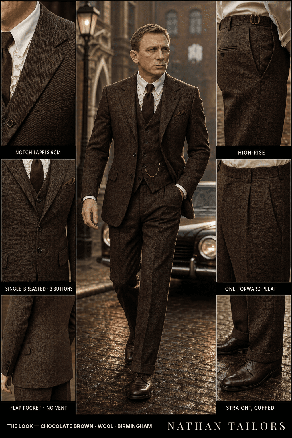 chocolate brown herringbone single-breasted bespoke suit — custom tailored by Nathan Tailors, the Hoi An custom tailor