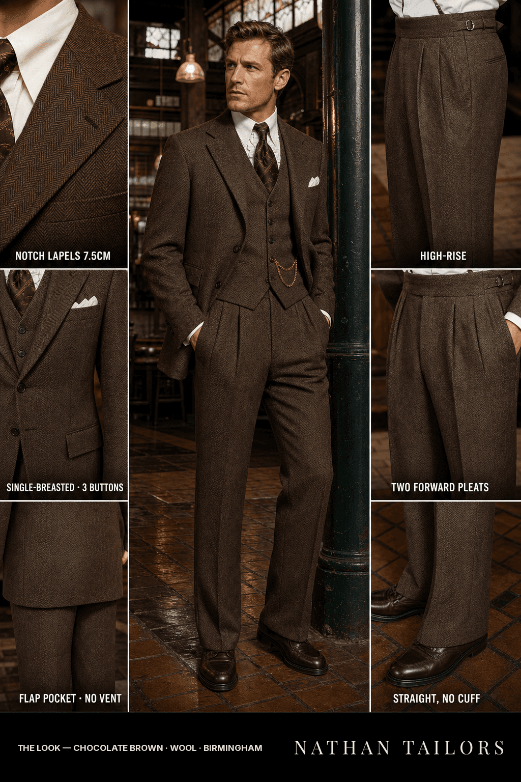 chocolate brown herringbone single-breasted bespoke suit — custom tailored by Nathan Tailors, the Hoi An custom tailor