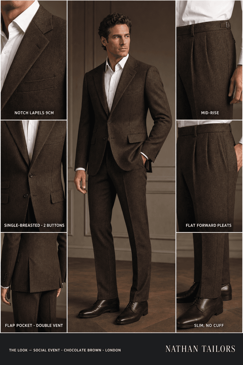 chocolate brown herringbone single-breasted bespoke suit — custom tailored by Nathan Tailors, the Hoi An custom tailor