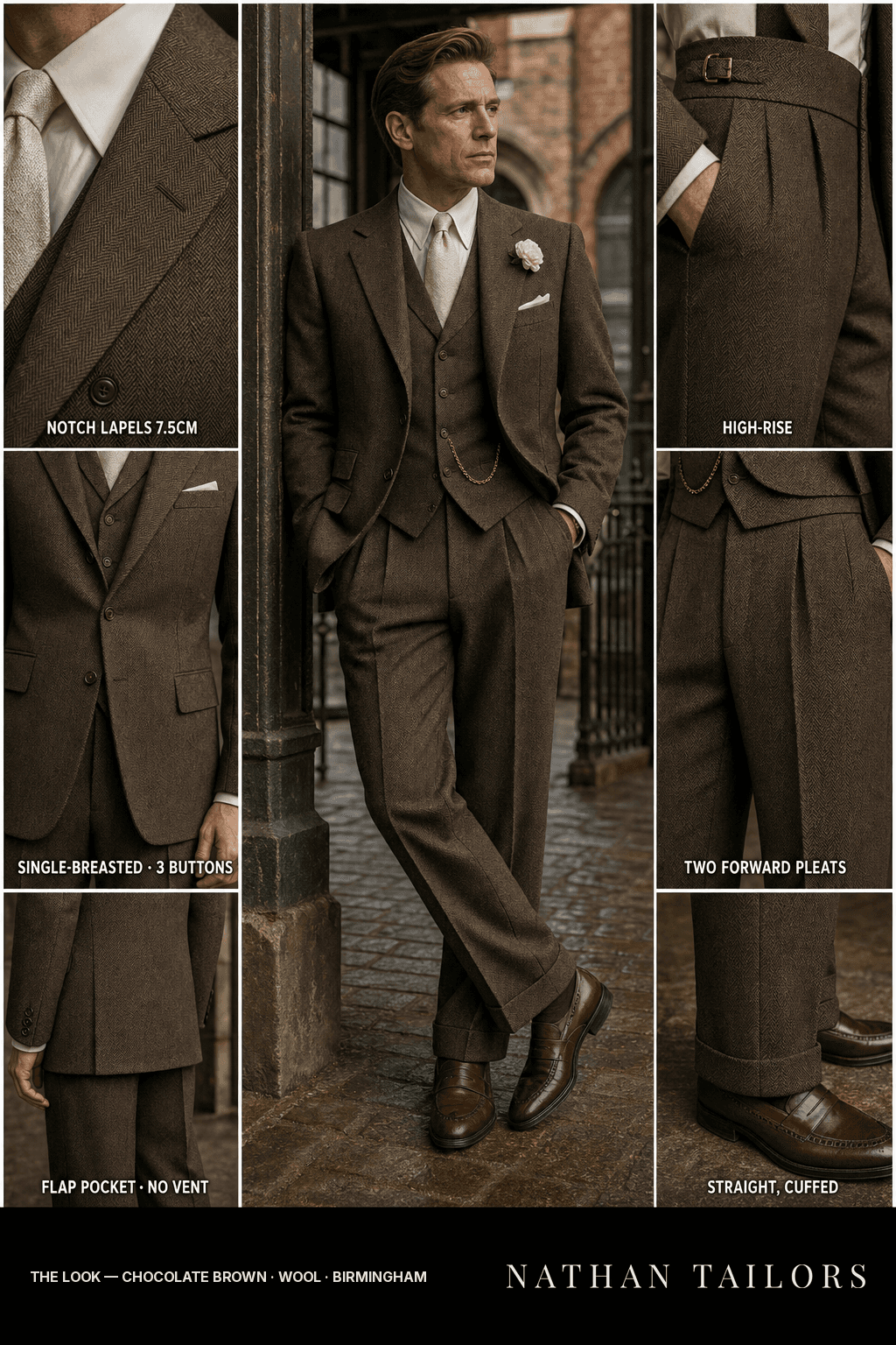 chocolate brown herringbone single-breasted bespoke suit — custom tailored by Nathan Tailors, the Hoi An custom tailor