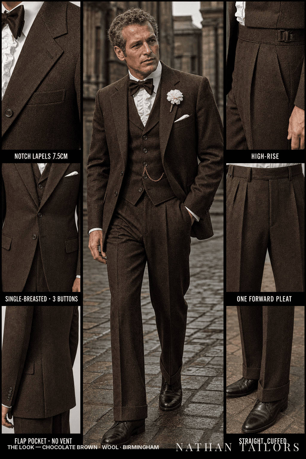 chocolate brown herringbone single-breasted bespoke suit — custom tailored by Nathan Tailors, the Hoi An custom tailor